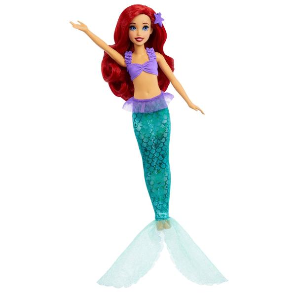 Inspirata de filmul clasic Disney Mica Sirena aceasta papusa Ariel cu spirit liber traieste sub mare dar tanjeste sa se alature lumii umane Fanilor le va placea sa-si recreeze transformarea magica cu aceasta papusa Mermaid to Princess Ariel Ariel vine cu cele doua infatisari ale ei o coada de sirena pentru apa si o rochie roz stralucitoare pentru uscat Papusa nu poate sta singura Culorile si decoratiunile pot varia