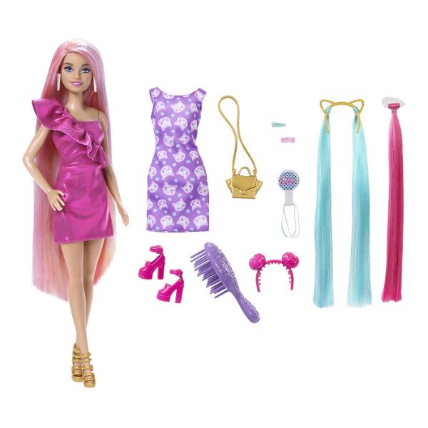 Dedicata tuturor lucrurilor legate de par colectia Barbie Fun &amp Fancy Hair prezinta papusi glam cu coafuri colorate &Icircn plus cele 10 piese de moda si styling incluse permit personalizarea fara sfarsit Papusa Barbie&reg are 21 cm de par blond foarte lung care poate fi aranjat cu note fantastice de culoare Ea poarta o minirochie roz lucios cu cercei albi si pantofi aurii cu bretele Copiii isi pot transforma cu usurinta aspectul cu moda mix-and-match Vine cu o rochie 