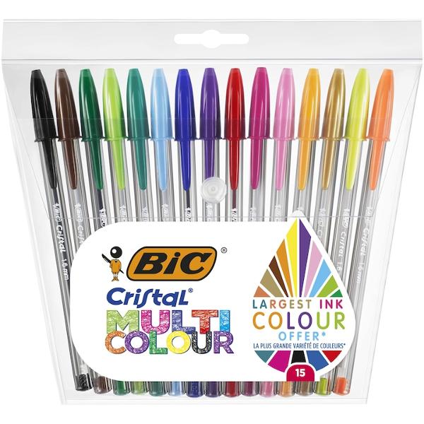 Un nou twist asupra unui clasic atemporal Acest pachet BIC Cristal Multicolor contine 15 pixuri intr-un cocktail de 13 culori intense violet roz verde lime turcoaz albastru rosu verde negru portocaliu auriu zmeura menta maro plus 2 pixuri fluorescente galben portocaliu Inveseliti-va notitele cu un pix care a trecut testul timpuluiAntreprenorul francez Marcel Bich a inceput o revolutie a scrisului in 1950 cand a introdus primul 