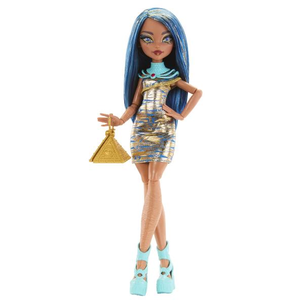 Faceti cunostinta cu elevii scolii legendare pentru monstri cu papusi Monster High Aspectul lor nebun de cool este completat de accesorii asortate cum ar fi o geanta originala si pantofi la moda Acest lucru va ofera si mai multe oportunitati de a juca si de a crea povesti infricosatoare cu prietenii tai monstri Daca colectezi intreaga colectie jocul va deveni si mai interesant Papusa Cleo DeNile fiica mumiei se intoarce la Monster High cu un nou look Papusa poarta imbracaminte de 