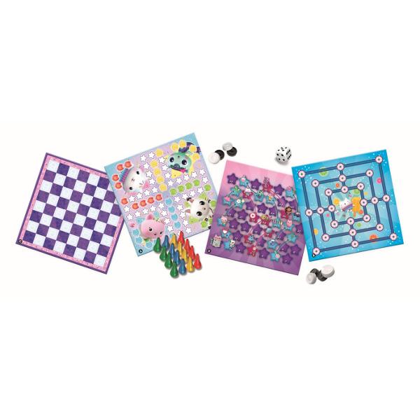 Set de jocuri clasice pentru intreaga familie cu personajele tale preferate din basme Setul include cele mai populare jocuri traditionale joc chinezesc moara turnuri si scari precum si dame intr-o varietate de versiuni celebre in intreaga lume Setul contine 2 planse cu 2 fete 1 zar 24 de pioni de dame 16 pioni colorati instructiuni