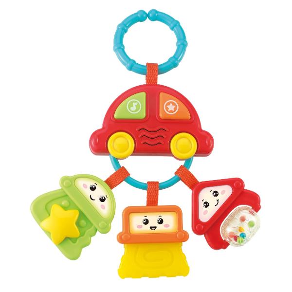 Zornaitoare masinuta muzicala cu 3 chei special conceputa pentru a stimula simturile bebelusilor si a le oferi ore intregi de distractie Aceasta jucarie inovatoare este realizata din materiale de inalta calitate si este sigura pentru utilizarea de catre cei mici Masinuta muzicala include un inel usor de atasat la carucior patut sau scaun auto facand-o ideala pentru calatorii si plimbari Inelul muzical pentru chei de masina vine cu 3 chei de activitati diferite Cheie cu stea rotativa care 