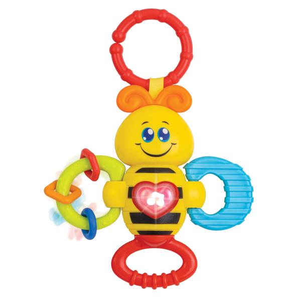 Zornaitoarea albinuta viu colorata cu lumini si sunete este o jucarie special conceputa pentru copii de la varsta de 3 luni Aceasta zornaitoare captivanta ofera o varietate de functii pe care copiii le pot activa in timp ce se joaca Luminile si melodiile fac ca timpul de joaca sa fie si mai placut pentru cei mici Apasarea butonului luminos situat central activeaza sunete si o lumina intermitenta Inelele libere care se rotesc pe aripa albinutei ofera stimulare senzoriala in timp ce manerul 