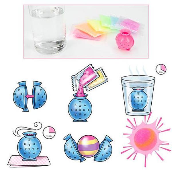 Cu acest set Ylvi î&539;i po&539;i crea propriile bile colorate umple&539;i granulele de neon roz portocaliu galben verde albastru violet în form&259; scufunda&539;i-l în ap&259; cald&259; timp de 20 de secunde &537;i mingea este gata dup&259; 15 minute Bilele pot s&259;ri chiar &537;i pentru o zi sau dou&259; Patru seturi diferite fiecare cu forme colorate diferite roz violet albastru verde