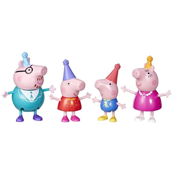 Fa cunostinta cu familia Pig Fiecare set contine 4 figurine de 76 cm cu mebrii familiei Pig mama tata Peppa si George iar seturile vin cu decoratiuni tematice specifice Fiecare set se vinde separat