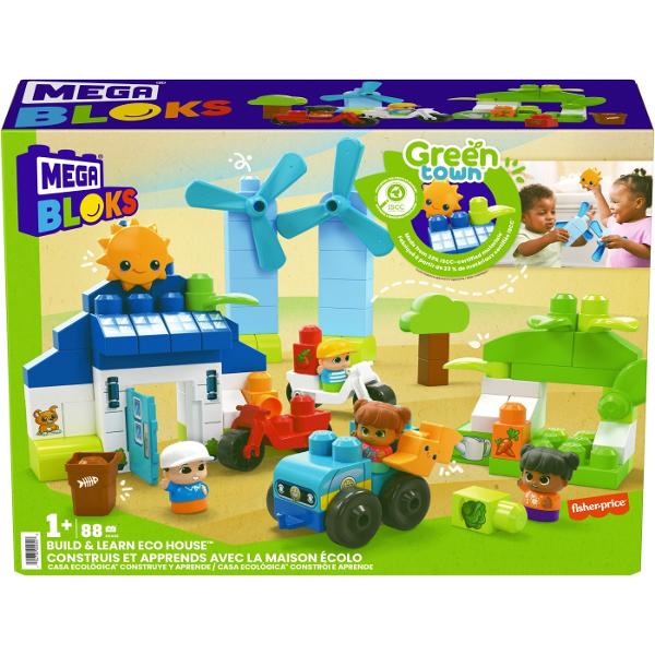 Acest kit contine 88 de blocuri mari inclusiv piese speciale 2 roti de rulare si o masina de jucarie electrica construibila cu 1 sasiu rulant realizata din materiale plastice din surse durabileCopiii mici pot construi o casa 4 figurine o masina electrica de jucarie o sera cu legume panouri solare si turbine eoliene rotativeConceput special pentru mainile mici acest kit incurajeaza micii constructori sa gandeasca verde cum ar fi energia regenerabila joaca in aer liber si consumul de 