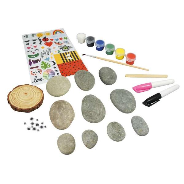 Un set cu 10 pietre adev&259;rate pentru decorat dupa imaginatia fiecaruia Alege&539;i o piatr&259; &537;i decora&539;i-o cu vopsea autocolante sau markere Pute&539;i ascunde piatra unde doriti pentru ca un alt copil s&259; o g&259;seasc&259; sau o puteti folosi ca si element decorativCon&539;ine 6 pietre de 5–7 cm 4 pietre de 3–5 cm suport de lemn pensul&259; vopsea in 6 culori 12 ochisori adezivi autocolante betisor de inghetata 