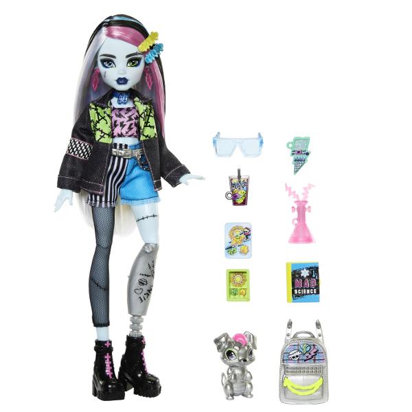 Frankie Stein este un icon de stil infricosatoare Aceasta papusa Monster High este prezentata intr-o tinuta din denim mozaic care isi arata simtul electrizant al modei Watzie cainele de companie este gata sa se alature distractiei infricosatoare Papusa Frankie Stein este un cadou minunat pentru copiii de la 4 ani in sus Complet articulata Papusa nu poate sta singura Culorile si decoratiunile pot varia