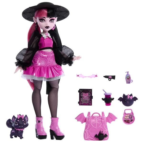 Papusa Monster High Draculaura arata uimitor intr-o tinuta adorabil de infricosatoare Ea vine cu animalul sau de companie Count Fabulous precum si cu accesorii infricosatoareDraculaura poarta un top roz stralucitor cu maneci bufante negre transparente si o fusta asortata O palarie sosete negre si cizme roz completeaza aspectul eiPisica-liliac infricosatoare Count Fabulous este de asemenea teribil de eleganta cu o fundita roz si un guler Copiii pot imagina aventuri nesfarsite cu acest 
