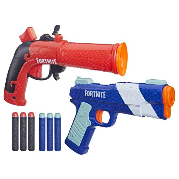 Acest super set Nerf Fortnite reuneste 2 blastere Nerf inspirate din echipamentul folosit in jocul Fortnite si 6 proiectile din spuma Nerf Elite Blasterul Flint-Knock are amorsare cu ciocan si trage un proiectil iar blasterul LP are amorsare cu tragere inapoi si elibereaza un proiectil Ambele blastere Nerf sunt usor de utilizat si gata de joaca in 3 pasi simpli &Icircncarcati frontal un proiectil amorsati si apasati pe tragaci Acum sunteti gata sa aduceti in realitate distractia din 
