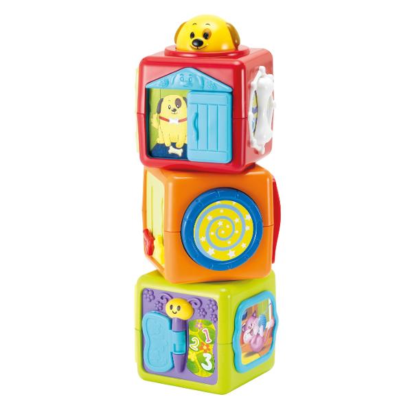 Cuburile cu activitati sunt o modalitate distractiva si educativa pentru bebelusi sa exploreze si sa invete Fiecare cub este conceput pentru a oferi o experienta interactiva captivanta care sa stimuleze simturile si sa incurajeze dezvoltarea motorie si cognitiva a micutilor Fiecare cub are un design atragator cu animale jucause culori vibrante si include si elemente interactive precum o fereastra glisanta o oglinda si un buton care incurajeaza descoperirea si jocul creativ Fluturele si 