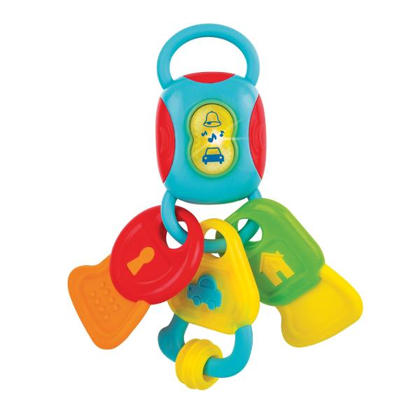Brelocul cu chei sunete si lumini este o combinatie perfecta de sunete vesele melodii captivante si lumini stralucitoare intermitente conceputa special pentru a stimula simturile celor mici si a le oferi momente de bucurie Acest produs este ideal pentru bebelusii incepand cu varsta de 3 luni oferindu-le o experienta de joaca distractiva si educativa Jucaria este dotata cu trei chei de dentitie texturate create pentru a alina disconfortul cauzat de cresterea dintilor Textura speciala a 