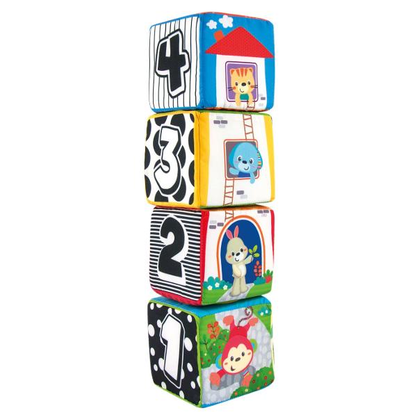 Setul de 4 cuburi de stivuit multicolore din material textil perfect pentru bebelusi Aceste cuburi moi si placute la atingere ofera ore intregi de distractie garantata Fiecare fata a cubului prezinta o noua activitate captivanta pentru cei mici Unul dintre cuburi are functie de vibratie altul include o oglinda speciala sigura pentru bebelusi ceea ce adauga un plus de atractie si explorare Cuburile pot fi stivuite cu usurinta iar materialul moale din care sunt confectionate asigura ca 