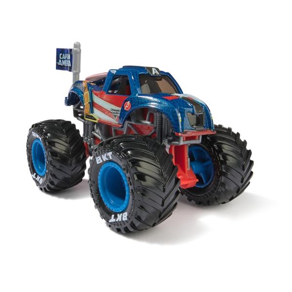 Paseste in universul plin de actiune in care Monster Jam huruie si supereroii Marvel se inalta Seria de camioane vopsite Marvel Monster Jam la scara 164 nu este doar o colectie Este un omagiu adus Universului Marvel Aceste camioane de tip monster truck inscriptionate cu simbolurile si culorile unor embleme precum Thor Captain America Iron Man Black Panther si Spider-Man aduc acasa spectacolul superputerilor si al cascadoriilor de pe stadion Cu anvelope autentice BKT si o caroserie cu 