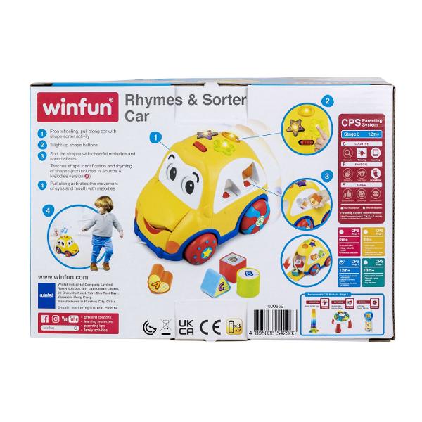 Masinuta cu forme de sortat este o jucarie interactiva care combina distractia cu invatarea Cand masinuta este trasa se activeaza miscarea ochilor si a gurii in timp ce reda fraze amuzante si melodii vesele Masina include o activitate de sortare a formelor avand patru forme colorate triunghi inima cerc si patrat ajutand copilul sa invete sa recunoasca si sa sorteze formele corect Jucaria are doua moduri de joc Modul de Joaca care invata copilul sa identifice formele si sa invete rima 