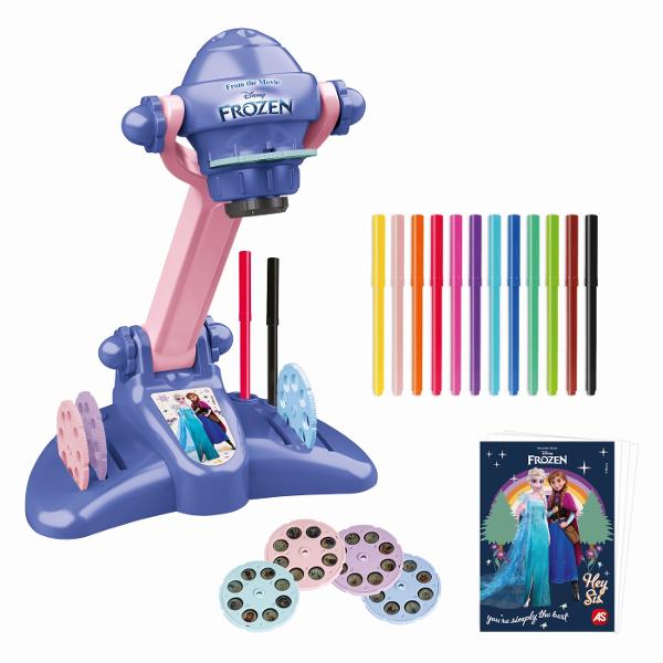 Proiector de Pictura Frozen Deseneaza alaturi de personajele tale preferate Acest proiector magic ii ajuta pe cei mici sa invete sa deseneze intr-un mod distractiv si creativ Alege un sablon Frozen proiecteaza imaginea pe hartie si urmeaza conturul pentru a crea propriile opere de arta Perfect pentru dezvoltarea abilitatilor artistice a coordonarii si a increderii in sine Ideal pentru micii fani Frozen care iubesc sa deseneze si sa coloreze Setul contine 4 discuri de proiectie 12 
