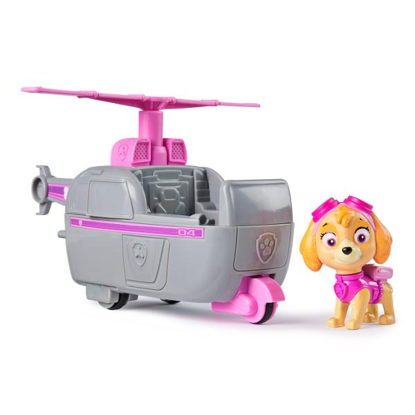 Vehiculele de baza cu functii de actiune mobile individuale si o figurina la bord permit aventurilor din serialul TV Paw Patrol sa traiasca si in camera copiilor Este inclusa o singura figura cu un vehicul Vehiculul si figurina de jucarie sunt in mare parte fabricate din plastic reciclat Chase Skye Marshall Rubble Zuma Everest Tracker si Rocky cu vehiculele lor sunt disponibile individual Toate vehiculele de baza durabilevehiculele de baza includ o figurina de caine care poate fi 