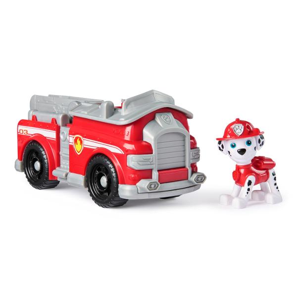 Vehiculele de baza cu functii de actiune mobile individuale si o figurina la bord permit aventurilor din serialul TV Paw Patrol sa traiasca si in camera copiilor Este inclusa o singura figura cu un vehicul Vehiculul si figurina de jucarie sunt in mare parte fabricate din plastic reciclat Chase Skye Marshall Rubble Zuma Everest Tracker si Rocky cu vehiculele lor sunt disponibile individual Toate vehiculele de baza durabilevehiculele de baza includ o figurina de caine care poate fi 