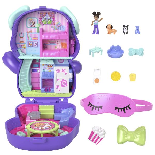 Gentutele Polly Pocket detin lumi mici cu surprize mari in interior pe care fetele si baietii le pot duce oriunde Fiecare jucarie portabila prezinta la exterior o forma adorabila de animal cu un detaliu de joaca interactiv cei mici pot combina accesoriile pentru a ingriji animalul de cate ori doresc Cand au terminat de decorat exteriorul copiii pot deschide carcasa pentru a dezvalui o papusa mai multe functii de joaca din mers si mai mult de 10 accesorii Arunca o petrecere de pijama pentru 