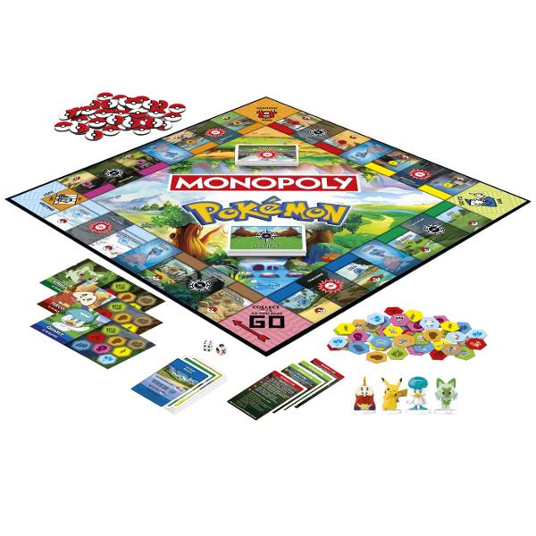 Intra in cursa pentru a-l prinde pe salbaticul Pokemon Jocul Monopoly editia Pokemon combina jocul clasic Monopoly cu actiunea captivanta de prindere a Pokemonilor Joaca rolul unui Antrenor de Pokemoni care se aventureaza printr-un tinut vast alaturi de un partener Pokemon In acest joc distractiv pentru copii proprietatile sunt locatii extraordinare iar Poke Ball inlocuiesc banii Jucatorii exploreaza locatii prind diferite tipuri de Pokemoni salbatici pe care sa ii adauge pe covorasul de 