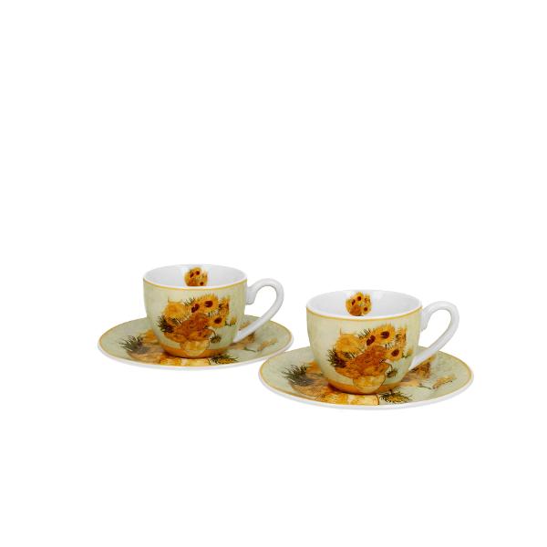 Dou&259; ce&537;ti de espresso cu farfurioare FLOAREA-SOARELUI&nbsp;inspirate de V van Gogh&nbsp;parte a seriei&nbsp;Art Gallery&nbsp; realizate din por&539;elan de calitate superioar&259; caracterizat printr-o culoare alb-crem elegant&259; &537;i natural&259; cu o str&259;lucire delicat&259; precum &537;i o durabilitate excep&539;ional&259;Setul este realizat din por&539;elan alb decorat cu un fragment din 