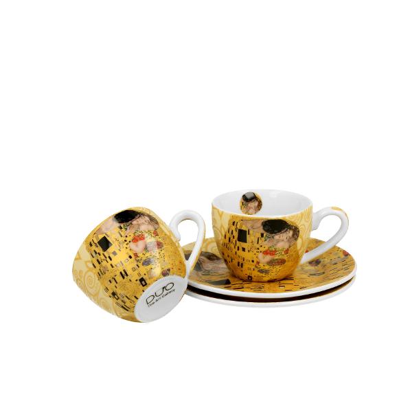 Set cu dou&259; ce&537;ti de espresso de 110 ml cu farfurioare THE KISS ECRU inspirate de Gustav Klimt parte a seriei Art Gallery  realizate din por&539;elan de calitate superioara caracterizate printr-o culoare alb-crem elegant&259; &537;i natural&259; cu o str&259;lucire delicat&259; precum &537;i o durabilitate excep&539;ional&259;Setul este decorat cu o reproducere a 