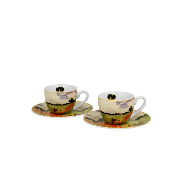 Dou&259; ce&537;ti pentru espresso cu farfurioare POPPY FIELD inspirate de C Monet parte a seriei Art Gallery  realizate din por&539;elan de calitate superioar&259; caracterizat printr-o culoare alb-crem elegant&259; &537;i natural&259; cu o str&259;lucire delicat&259; precum &537;i o durabilitate excep&539;ional&259;Setul este decorat cu un fragment a tabloului  „Maci 