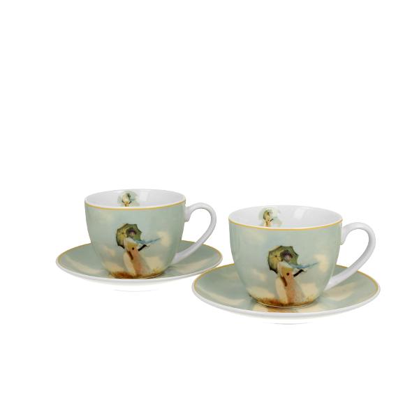 Set cu dou&259; ce&537;ti &537;i farfurioare  FEMEIA CU UMBREL&258;  inspirat de C Monet parte a seriei Art Gallery  realizate din por&539;elan de calitate superioar&259; caracterizat printr-o culoare alb-crem elegant&259; &537;i natural&259; cu o str&259;lucire delicat&259; precum &537;i o durabilitate excep&539;ional&259;Linia este realizat&259; din por&539;elan alb decorat&259; cu un 