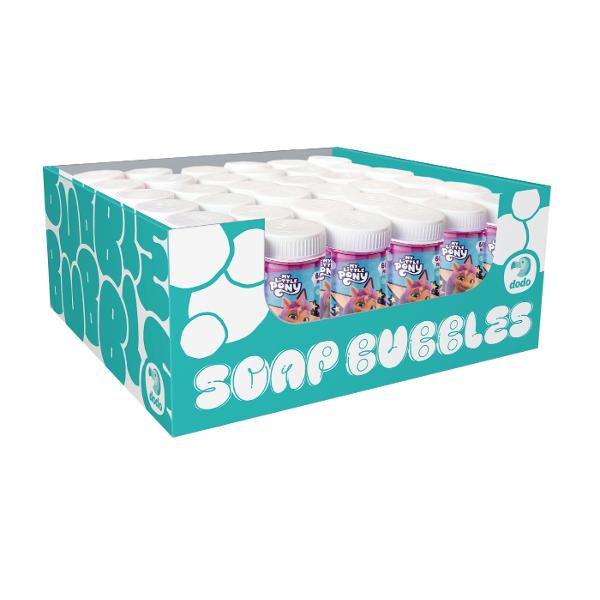 Scufundati-va intr-o lume a distractiei cu baloanele de sapun My Little Pony Copiii pur si simplu adora sa se joace cu aceste bule care le aduc o distractie si o bucurie incredibile Lasati-i pe cei mici sa se cufunde in lumea minunata a jocului cu baloanele de sapun My Little Pony si vedeti-i cum se distreaza si zambesc  Continutul ambalajului sticla de 60 ml cu solutie de sapun Compozitia solutiei apa si agenti tensioactivi Solutia de sapun este netoxica Nu agitati Potrivit pentru 