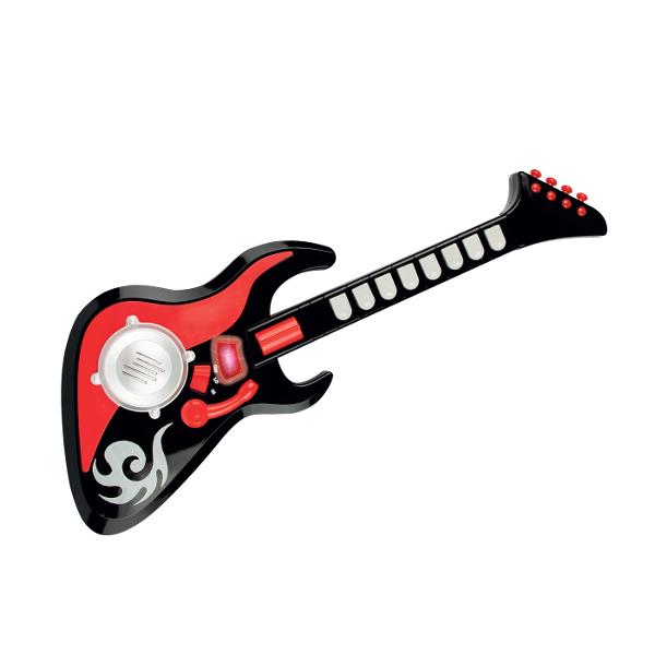 Chitara de la Winfun este o jucarie muzicala captivanta pentru cei mici dotata cu 8 clape care produc sunete amuzante si efecte sonore Copiii vor putea sa se distreze cu diverse melodii preinregistrate care stimuleaza ritmul si auzul Aceasta jucarie este perfecta pentru a incuraja dezvoltarea simtului muzical al celor mici oferindu-le o experienta de joc interactiva si creativa Cu sunete vesele si design colorat chitara va capta atentia copiilor si ii va incuraja sa exploreze ritmuri si 