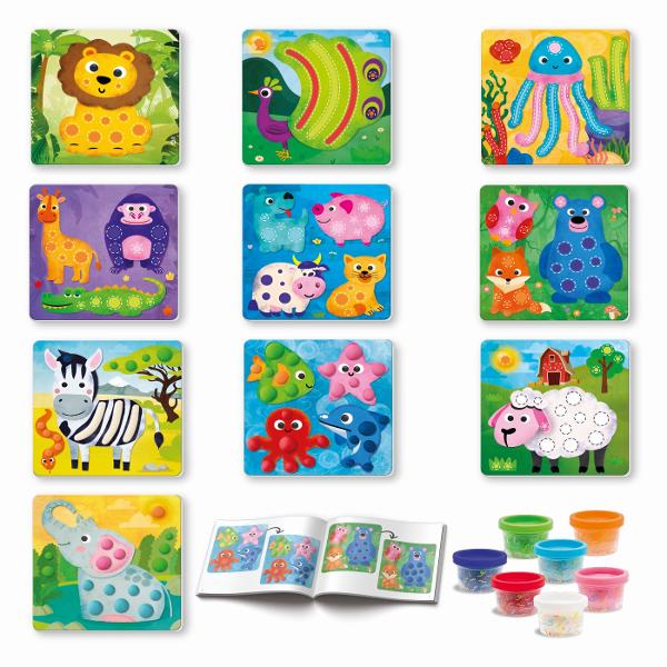 Un set de lucru cu continut educational care il invata pe copil sa decoreze cartonase pre-imprimate folosind plastilina creand bile si zigzaguri cu mainile Copilul invata sa experimenteze cu culori si texturi dezvoltandu-si abilitatile motorii fine in timp ce decoreaza cartonase Realizeaza bile mici si linii cu diferitele culori de plastilina si completeaza imaginile cu animale pas cu pas Fa animalele sa para reale si cunoaste-ti propria lume Set ideal pentru distractie invatare si timp 