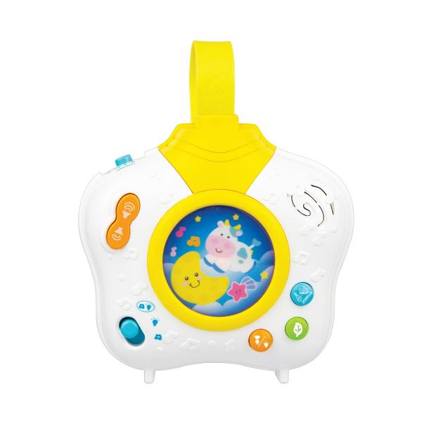 Proiectorul Winfun transforma camera copilului intr-un loc magic plin de culoare si sunete relaxante Acesta proiecteaza o scena colorata rotativa si ofera trei moduri de selectie animatii sunete din natura si modele de iluminare Fiecare mod aduce o combinatie diferita de lumini si melodii creand o atmosfera calmanta pentru micutul tau Cu melodii de leagan linistitoare si efecte sonore proiectorul ajuta la relaxarea celor mici inainte de somn De asemenea ofera trei optiuni de setare 