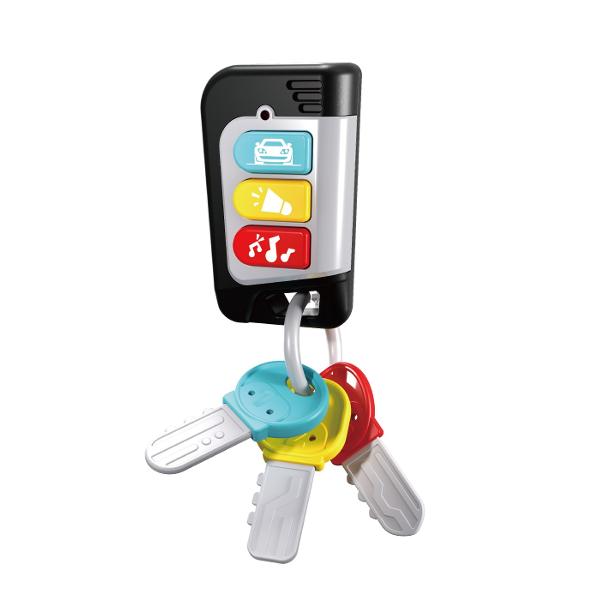 Jucarie interactiva si educativa special conceputa pentru copiii cu varsta intre 12 si 36 de luni Jucaria imita un set real de chei auto si include telecomanda cu butoane colorate care redau peste 20 de melodii si efecte sonore distractive Designul realist si culorile vii atrag atentia celor mici si ii incurajeaza sa exploreze sa apese butoanele si sa descopere sunetele dezvoltandu-si astfel motricitatea fina si intelegerea relatiei cauza-efect Cheitele din plastic durabil sunt sigure 