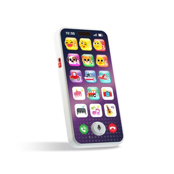 Telefonul interactiv de la Hola Toys este o jucarie educativa si captivanta special conceputa pentru copiii cu varsta intre 12 si 36 de luni Cu un design modern inspirat de telefoanele reale acest dispozitiv ofera peste 40 de fraze sunete si melodii care stimuleaza curiozitatea si dezvoltarea copilului Include peste 15 activitati amuzante care incurajeaza recunoasterea numerelor formelor culorilor sunetelor si emotiilor Functia de inregistrare ii permite celui mic sa-si auda propriul 
