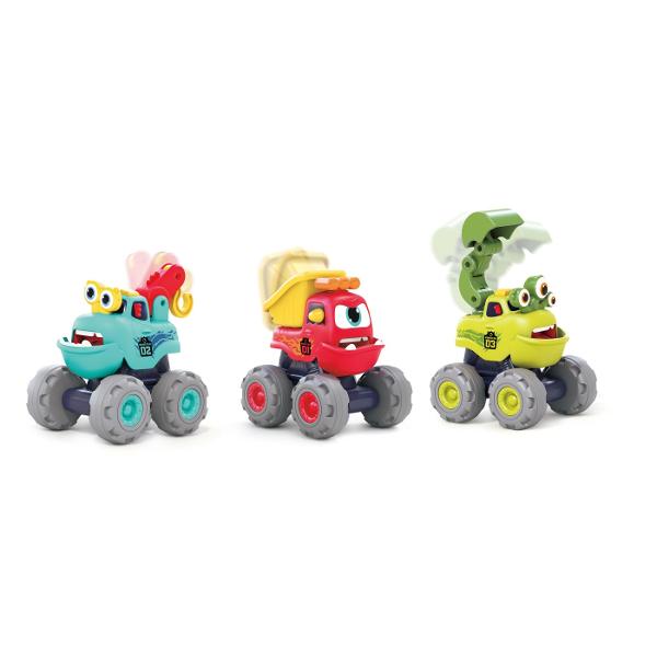Setul de camioane de constructie cu monstruleti de la Hola Toys este o jucarie amuzanta si educativa potrivita pentru copiii cu varsta intre 1 si 5 ani Pachetul contine trei camioane colorate fiecare avand un design prietenos de monstrulet care atrage atentia celor mici si incurajeaza jocul creativ Camioanele functioneaza prin sistemul &bdquopull-back&rdquo adica se trag usor inapoi si pornesc singure inainte oferind ore intregi de distractie interactiva Designul 2 in 1 imbina 