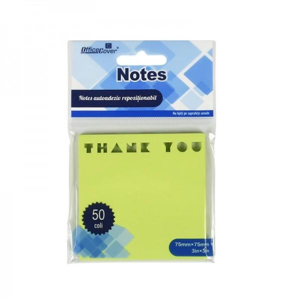 Notes adeziv stantat 75x75 Office Cover H1-THANK YOU verde neon 50 coliblister PVC 