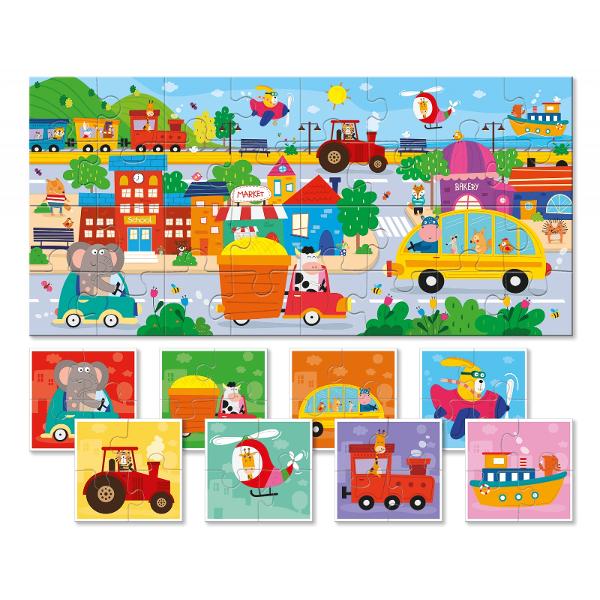Opt puzzle-uri de cate 4 piese de completat pentru a crea personaje amuzantePiesele sunt fa&539;&259;-verso astfel încât intorcând piesele de puzzle se poate construi o imagine frumos ilustrat&259; din 32 de piesePuzzle-ul este conceput special pentru a dezvolta abilit&259;&539;ile pre&537;colarilor precum observa&539;ia &537;i îndemânarea
