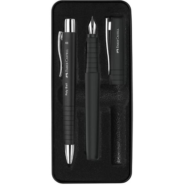 Set cadou stilou B si pix XB Grip POLY negru FABER-CASTELL negru elegant care nu numai ca impresioneaza prin designul sau atractiv dar convinge si prin durabilitate Design elegant durabil - piese din plastic reciclat Varf penita tip B care permite sa scrieti lin si precis Material penita si clip otel inoxidabil Grip placut la atingere cu textura anti-alunecare ce confera o experienta confortabila de scris Pix cu rezerva de mare capacitate XB cu mina de culoare 