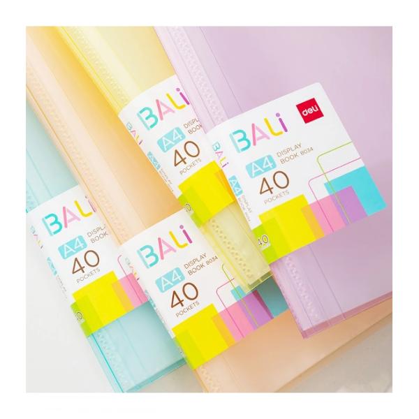 Mapa prezentare 40 folii coperti rigide culori pastel Bali DELI ideala pentru prezentari arhivari etc disponibila in 4 culori pastel albastru galben  mov si rosu Ideala pentru prezentari arhivari etcCaracteristici produsConfectionata din plastic cu coperti rigide Format A4Prevazuta cu 40 folii in interior fixate pe cotorDisponibila in 4 culori pastel albastru galben  mov si 