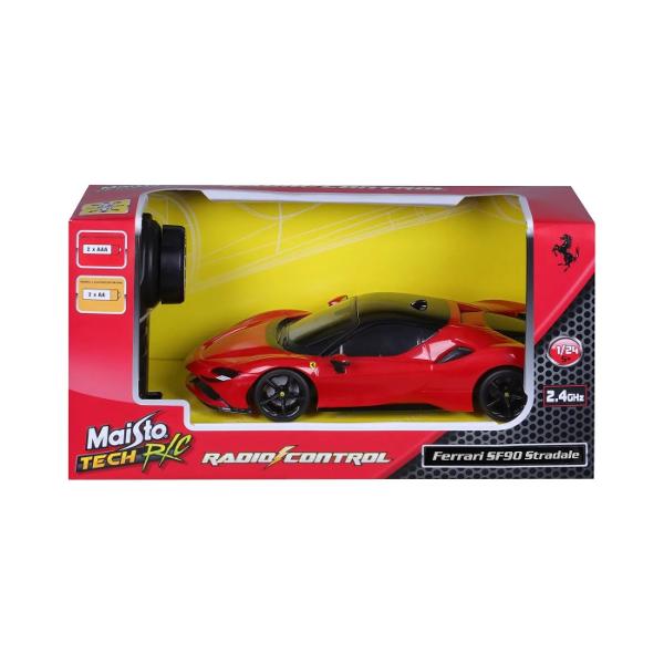 Adu in colectia ta simbolul inovatiei si performantei italiene cu replica radiocomandata la scara 124 a Ferrari SF90 Stradale din gama Maisto Tech RC Aceasta masina cu telecomanda combina designul futurist cu control precis si o experienta de condus captivanta Modelul surprinde perfect liniile aerodinamice si detaliile sofisticate ale primului hibrid plug-in de la FerrariCaroseria rosie vibranta cu accente negre si jantele negre distinctive emana putere si eleganta moderna 