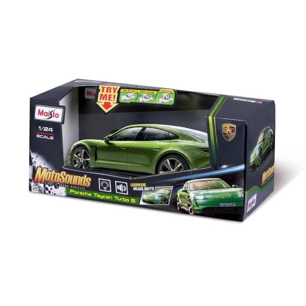 Experimenteaza emotia conducerii electrice de inalta performanta cu replica la scara 124 a inovatorului Porsche Taycan Turbo S din gama MotoSounds de la Maisto Aceasta masina combina un design elegant si sportiv cu efecte sonore si luminoase captivanteModelul surprinde perfect liniile fluide si aerodinamice ale primului Porsche complet electric Caroseria verde vibrant cu detalii negre contrastante si jantele distinctive reflecta modernitatea si sportivitatea modelului original 