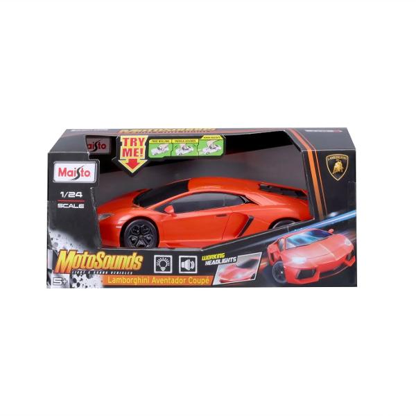 Adauga un bolid spectaculos in colectia ta cu replica la scara 124 a celebrului Lamborghini Aventador Coupe din gama MotoSounds de la MaistoAceasta masina combina un design impresionant cu efecte sonore si luminoase realiste oferind o experienta captivanta Modelul este o reproducere fidela a iconicului Lamborghini Aventador Coupe surprinzand liniile agresive si detaliile aerodinamice care il definesc Caroseria este finisata intr-o culoare portocalie vibranta care ii 
