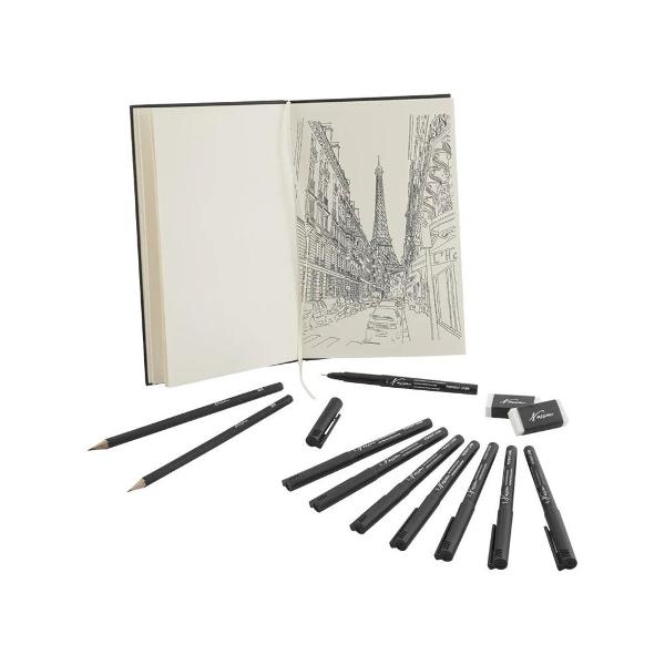 Descopera setul complet pentru pasionatii de desen si schite ideal pentru a-ti exprima creativitatea Acest set include linere si creioane de calitate perfect potrivite pentru detalii fine si contururi precise Caietul de schite are dimensiunea de 14x21 cm cu 60 de file de hartie de 130g asigurand o suprafata rezistenta si durabila pentru creatiile tale Este companionul ideal pentru artisti fie ca sunteti incepatori sau avansati Fiecare element din acest set a 