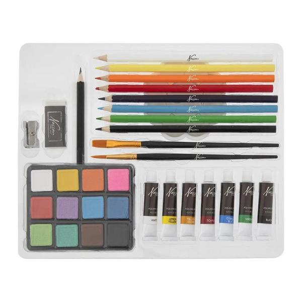Setul de pictura Creative Craft este ideal pentru artistii in devenire sau pentru cei care doresc sa exploreze lumea artei si a culorilor Acest set complet include o gama diversa de acuarele si creioane acuarelabile oferind posibilitati nelimitate de creatie Creionul HB inclus este perfect pentru schite preliminare iar pensulele de diferite marimi faciliteaza aplicarea culorilor si detalierea lucrarilor Fie ca esti 