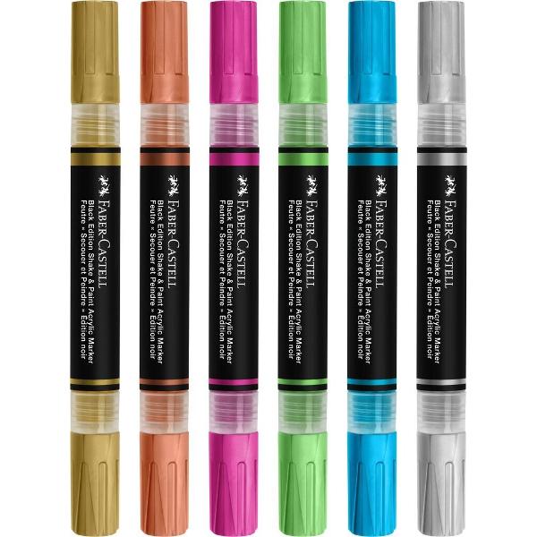 Set ce contine 6 markere acrilice in culori cu efect metalizat auriu argintiu bronz albastru roz si verde Shake&Paint de la Faber-Castell Cerneala pe baza de acril cu pigmenti metalizati Varf dublu varf gros de 3&8239;mm pentru acoperire larga si varf fin de 1&8239;mm pentru detalii precise Markerele sunt rezistente la apa si lumina dupa uscare Usor de aplicat pe o varietate de suprafete hartie carton lemn panza sticla metal piatra si 