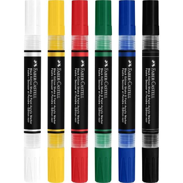 Set de 6 markere acrilice alb galben rosu verde albastru si negru Shake&Paint de la Faber-Castell Cerneala acrilica opaca pe baza de apa intens pigmentata Varf dublu varf gros de 3&8239;mm pentru acoperire larga si varf fin de 1&8239;mm pentru detalii precise Usor de aplicat pe o varietate de suprafete hartie carton lemn panza sticla metal piatra si plastic Markere rezistente la lumina si apa dupa uscare Se recomanda a se agita bine 