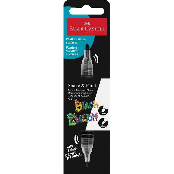 Marker acrilic negru Shake&Paint de la Faber-Castell perfect pentru design in alb-negru evidentiere ilustratii contrastante detalii pe materiale inchise la culoare Cerneala pe baza de acril Usor de aplicat pe o varietate de suprafete hartie carton lemn panza sticla metal piatra si plastic Varf dublu varf gros de 3&8239;mm pentru acoperire larga si varf fin de 1&8239;mm pentru detalii precise Markerul e rezistent la apa si lumina dupa 