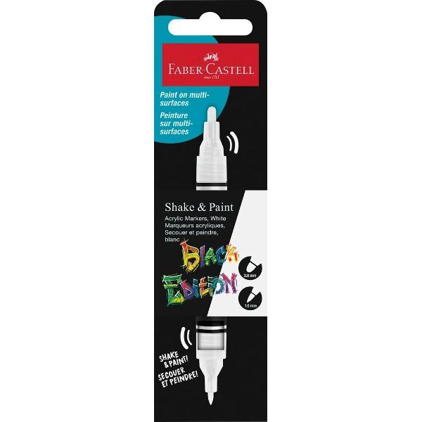 Marker acrilic alb Shake&Paint de la Faber-Castell perfect pentru design in alb-negru evidentiere ilustratii contrastante detalii pe materiale inchise la culoare Cerneala pe baza de acril Usor de aplicat pe o varietate de suprafete hartie carton lemn panza sticla metal piatra si plastic Varf dublu varf gros de 3&8239;mm pentru acoperire larga si varf fin de 1&8239;mm pentru detalii precise Markerul e rezistent la apa si lumina dupa 