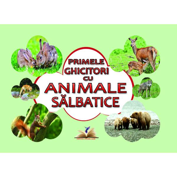 Carticica cartonata PRIMELE GHICITORI CU ANIMALE  SALBATICE este o introducere a copiilor in lumea animalelor prin imagini reale viu colorate insotite de ghicitori frumoase care le vor dezvolta copiilor curiozitatea si gandireaCartea este cartonat&259; plastifiat&259; &537;i lucioas&259; cu marginile rotunjite