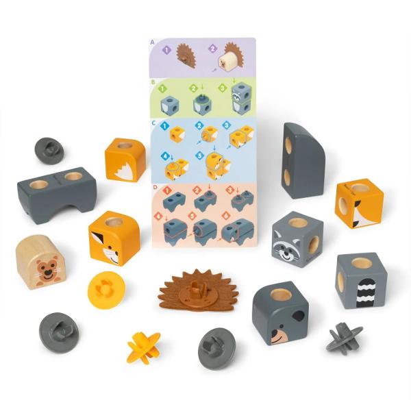 Prietenii Padurii este un set de joaca incantator care incurajeaza creativitatea si dezvoltarea copiilor cu varsta de 2 ani si peste Setul include 16 piese inclusiv 9 blocuri de lemn 6 conectori si tepi de porc spinos din fetru toate concepute pentru a se imbina usor Copiii pot urma ghidul ilustrat pentru a crea animale de padure cum ar fi un raton un urs o vulpe si un porc spinos sau pot combina si potrivi piesele pentru a-si inventa propriile personaje unice Acest set este faimos 